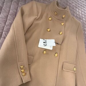 Zara Women's Camel Pea Coat with Gold Accents